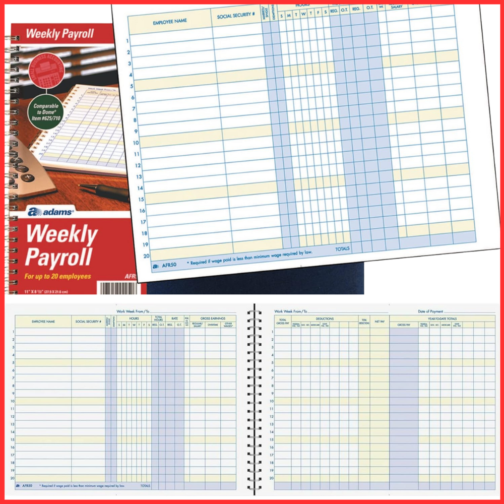 Adams Weekly Payroll Record 20 Employee Capacity Spiral Binding 11 X 8.5 Inches