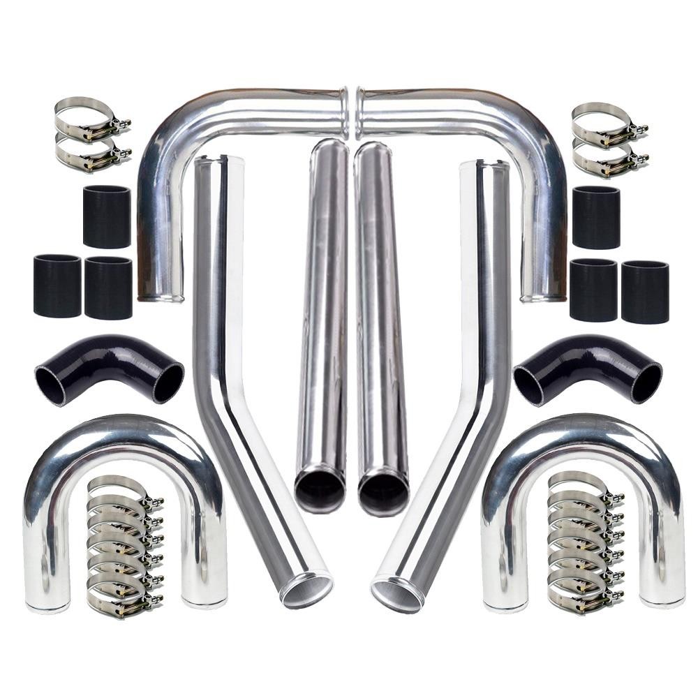 63mm Polished Aluminum Turbo Intercooler Kit with Black Hose & Clamps