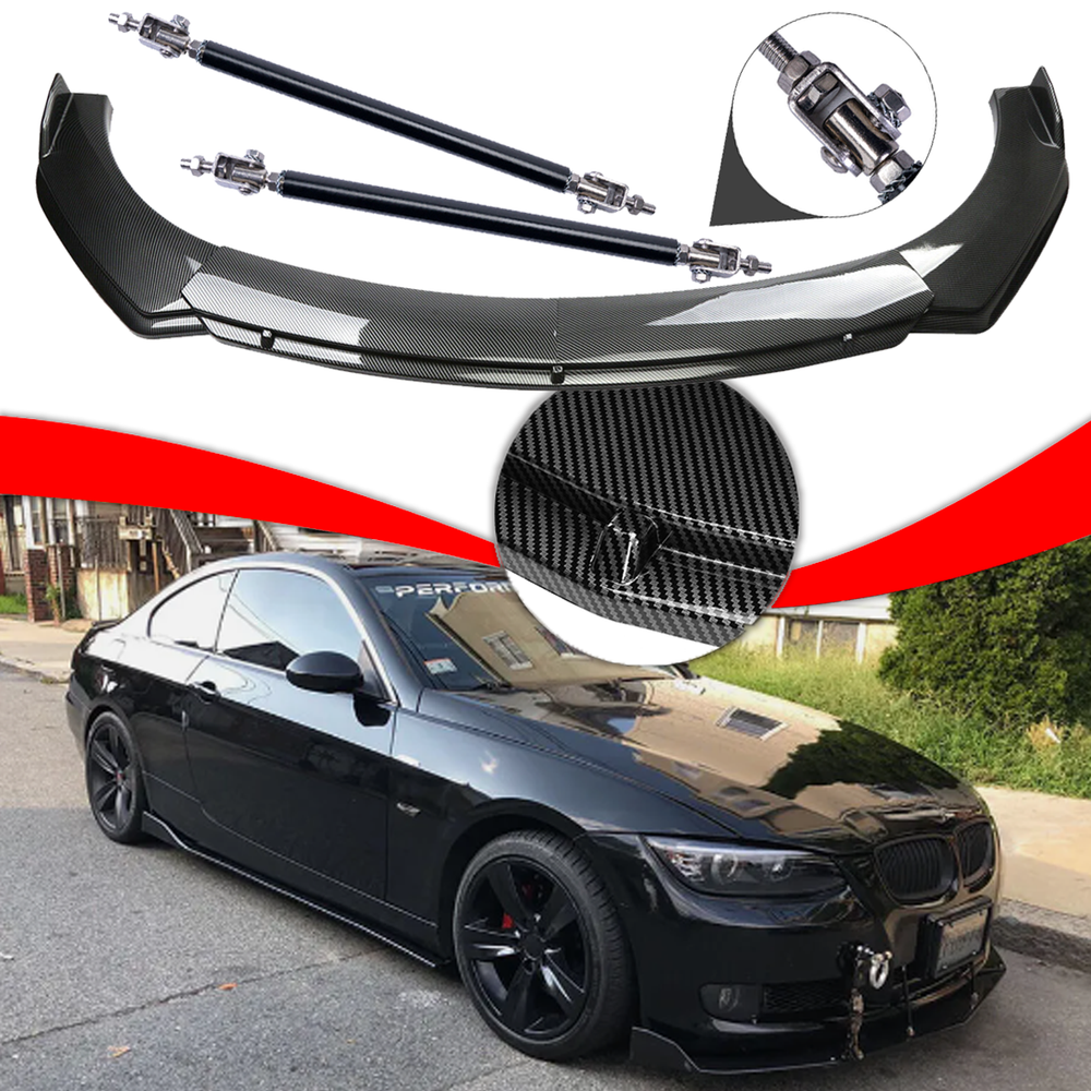 For BMW 320i 328i 330i Carbon Fiber Style Front Bumper Lip Spoiler /Strut Rods