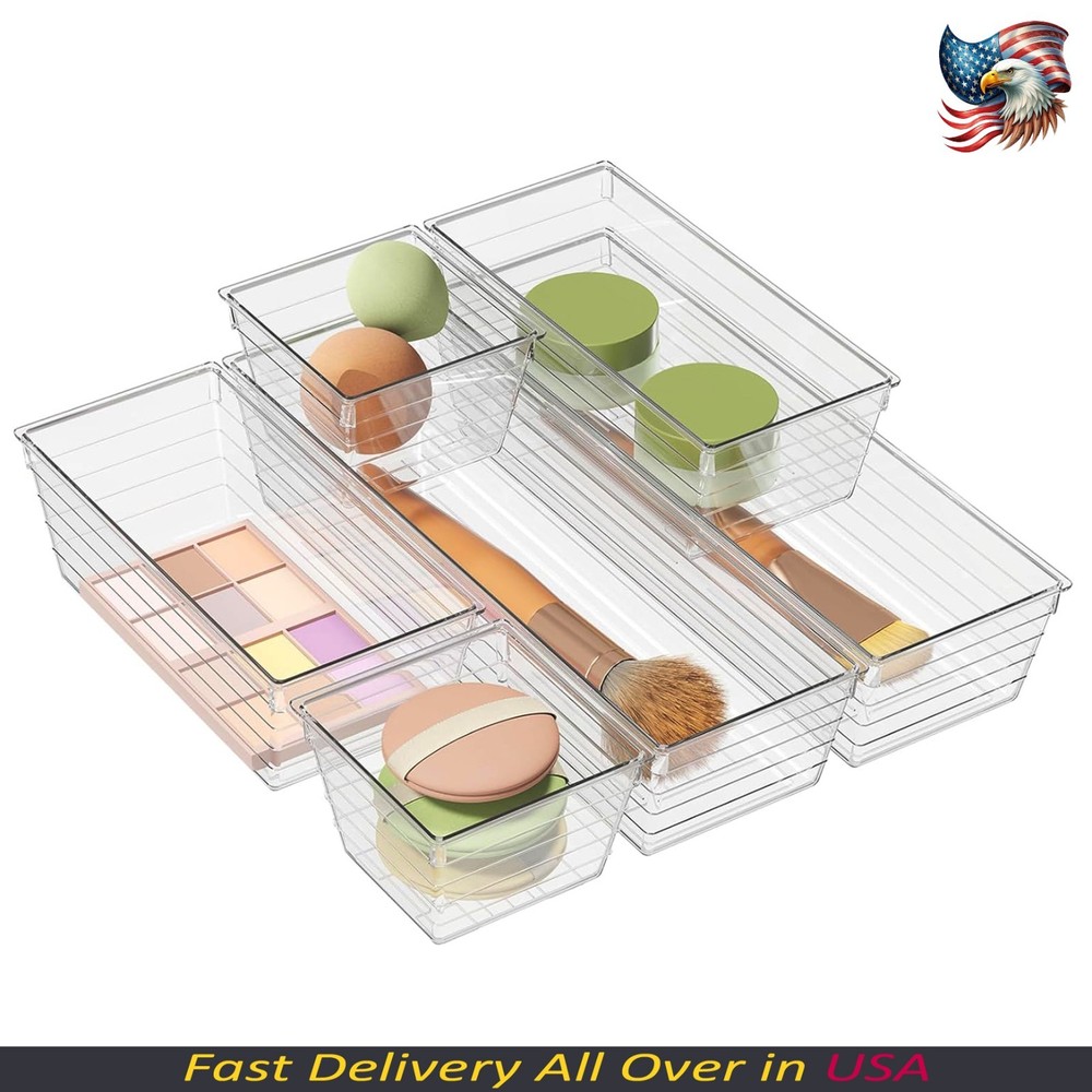 6 Pack Clear Drawer Organizer, Acrylic Drawer Storage Trays, Storage Bins for Ma
