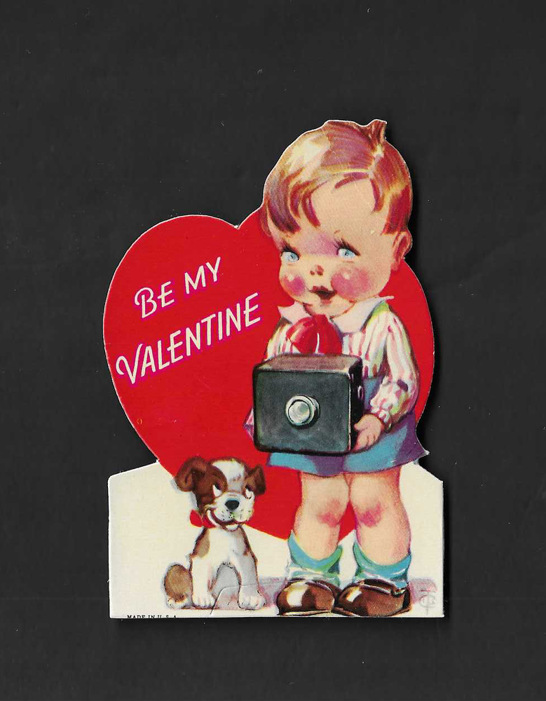 vintage 1930s 40s BE MY VALENTINE Card Boy hold Camera Puppy Dog  J