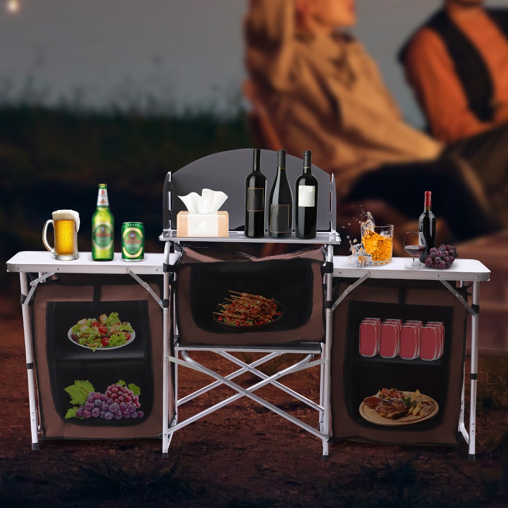 Portable Folding Camping Kitchen Table with Picnic Storage Rack