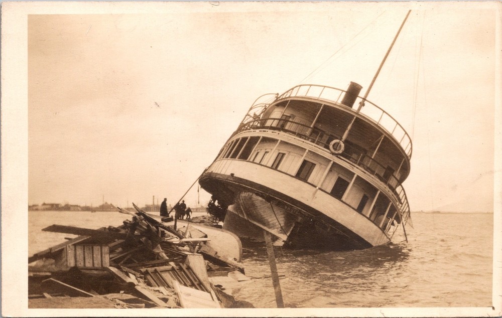 RPPC Steamboat Wreck Riverboat Disaster Tilted Sternwheel Steamer