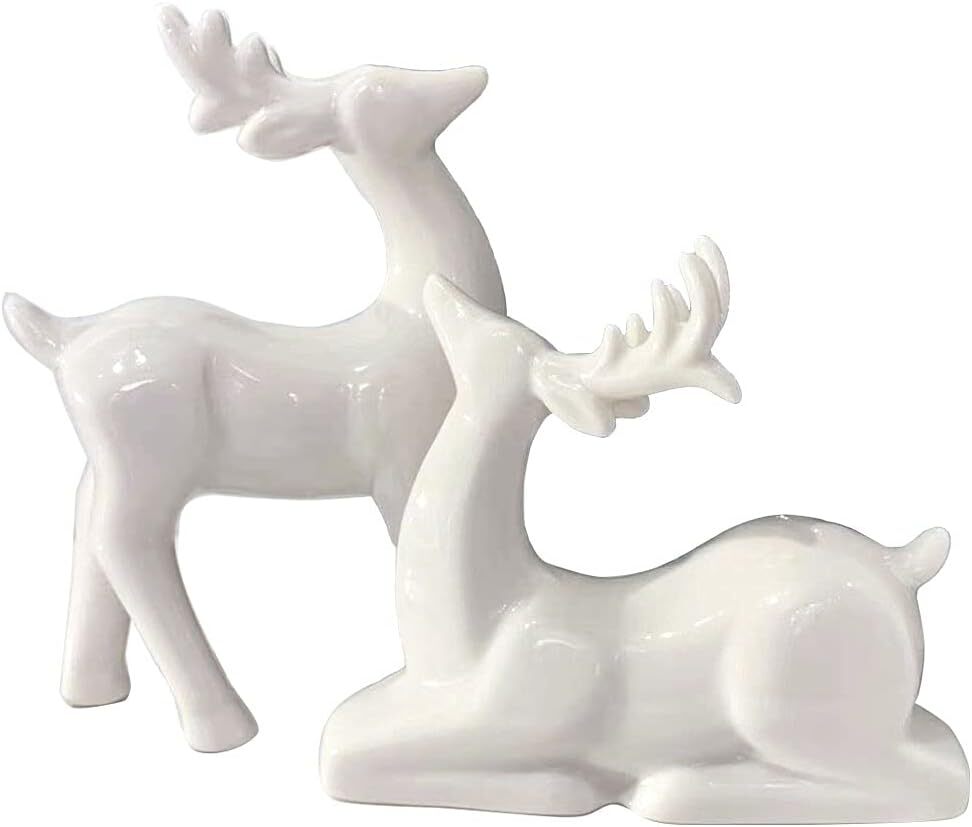 Porcelain Christmas Reindeer Figurines, Pack 2 Mini Animal Decor...