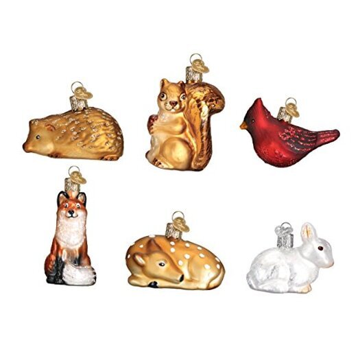 Glass Blown Mini Woodland Animal Ornament Set for Christmas Trees, 6-Piece