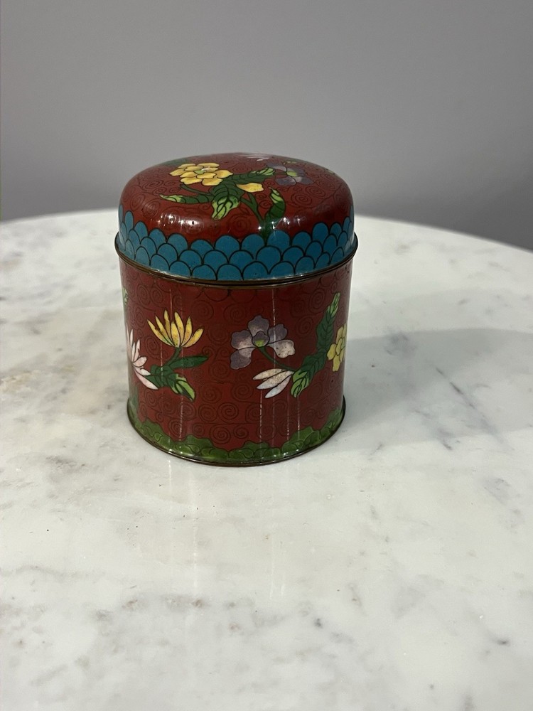 Vintage Cloisonne Metal Enamel Flowers Trinket Tea Box with Lid 4” tall