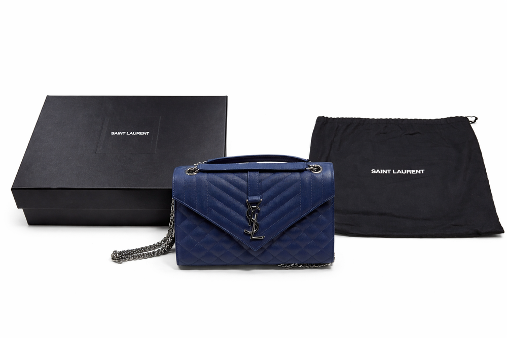 Saint Laurent Envelope Mixed Matelassé Leather Medium Shoulder Bag Navy Blue
