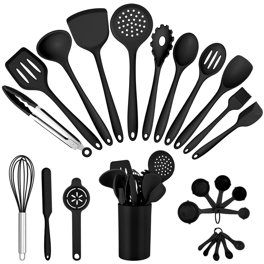 Silicone Cooking Utensils Set, 25 Piece Kitchen Utensils with Holder, Non Tox...