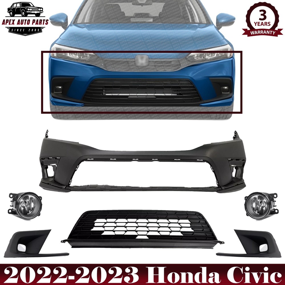 Front Bumper Cover Primed & Fog Lights Assembly Kit For 2022-2023 Honda Civic