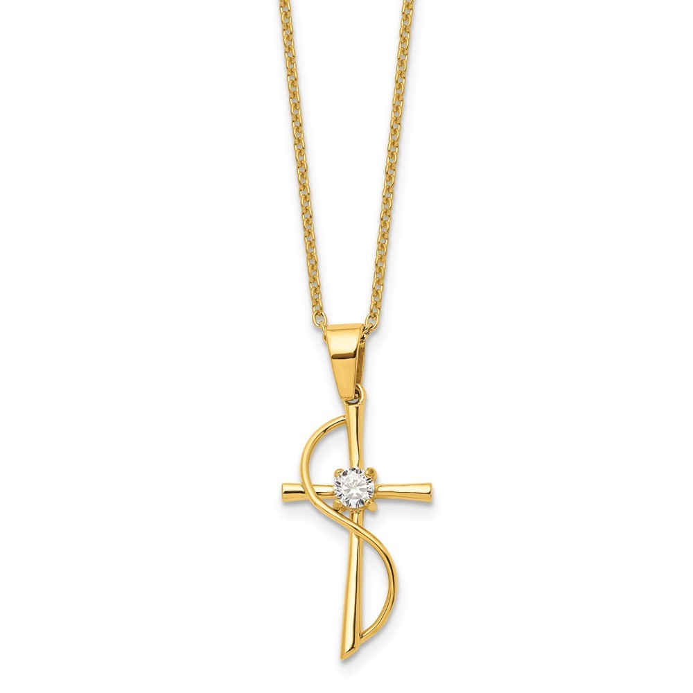 Stainless Steel Yellow IP CZ Cross Pendant Necklace 17.75 Inch