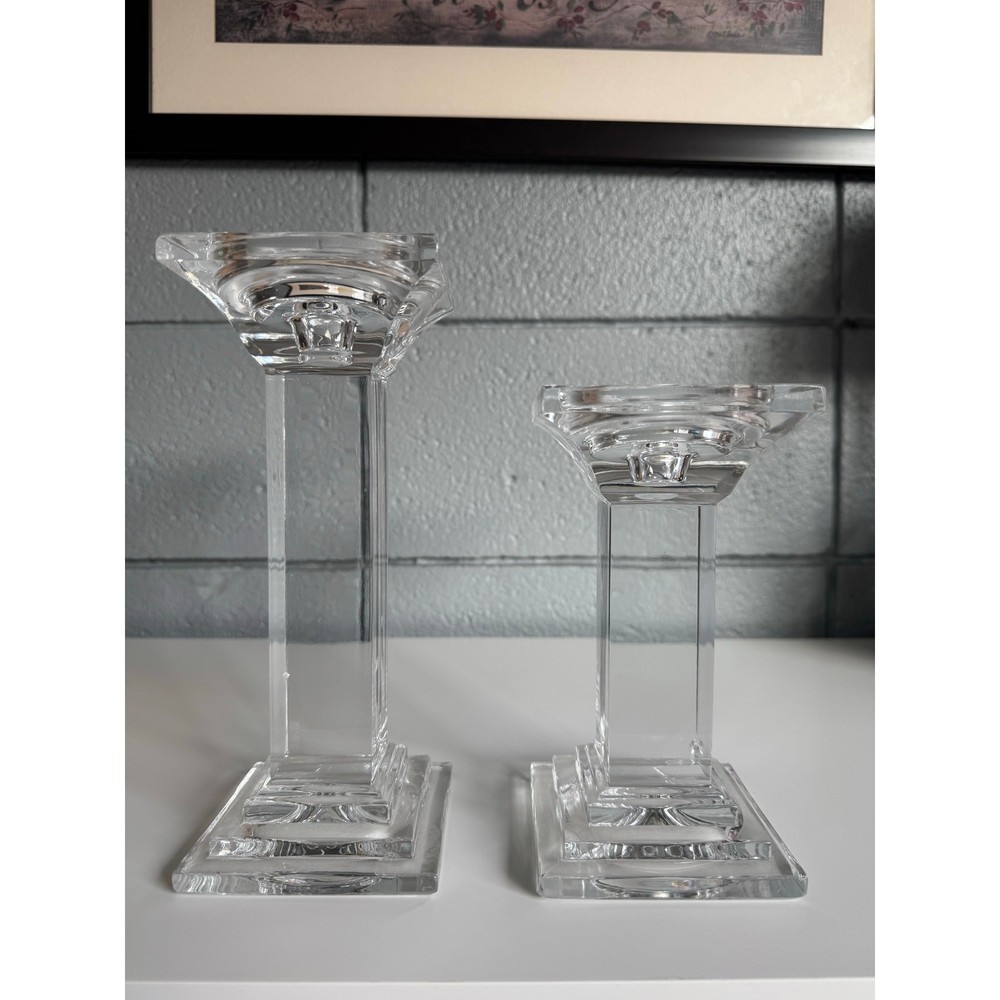 Elegant Waterford Lead Crystal Rectangular Pillar Candlestick Set in Quiet Luxury
