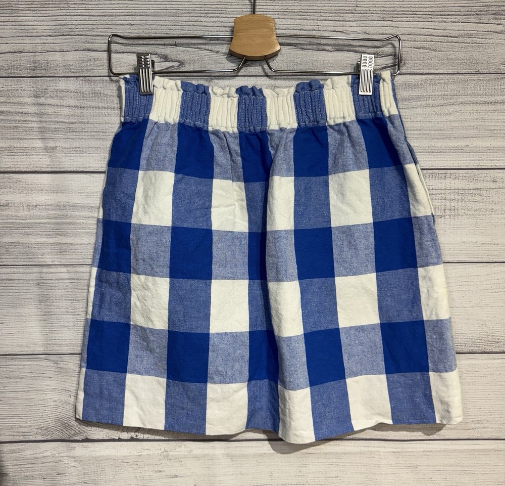 J Crew F. Printed Linen Cotton Sidewalk Mini Skirt SIZE 2 blue white plaid