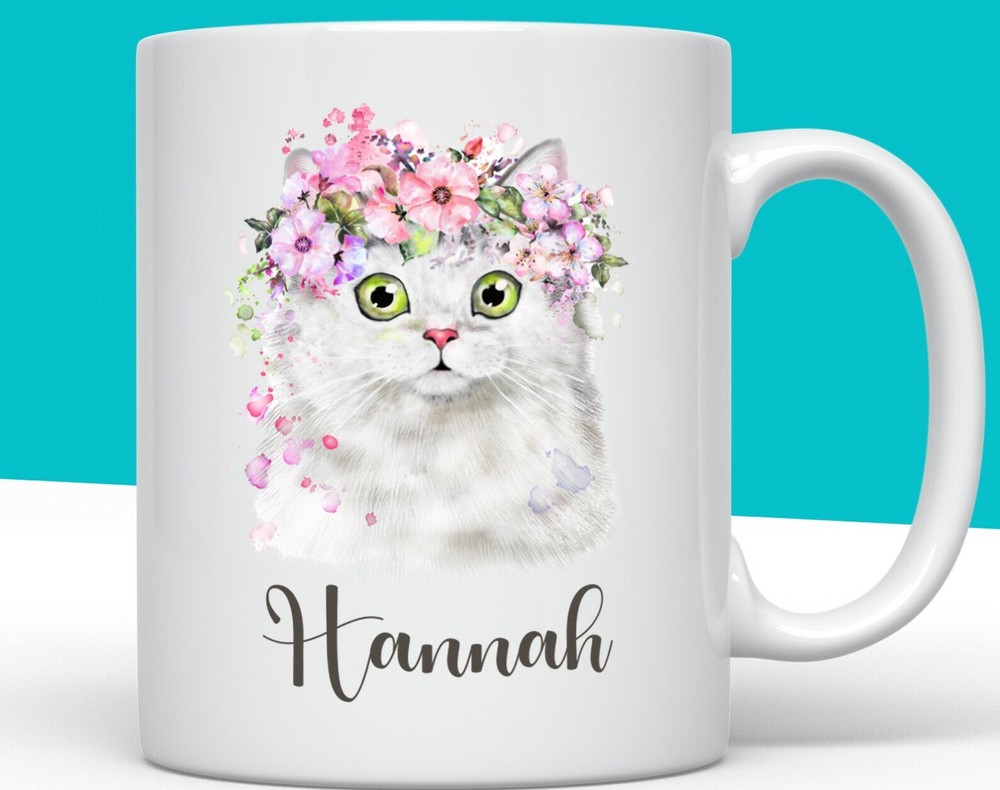White Cat Mug Personalised Floral White Cat Mug Cat Lover Cat Owner Cat Gift