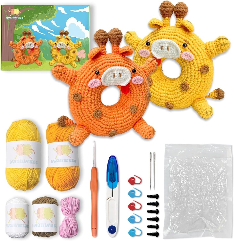 Beginner Crochet Kit with 2 Giraffes, Easy DIY Animal Project