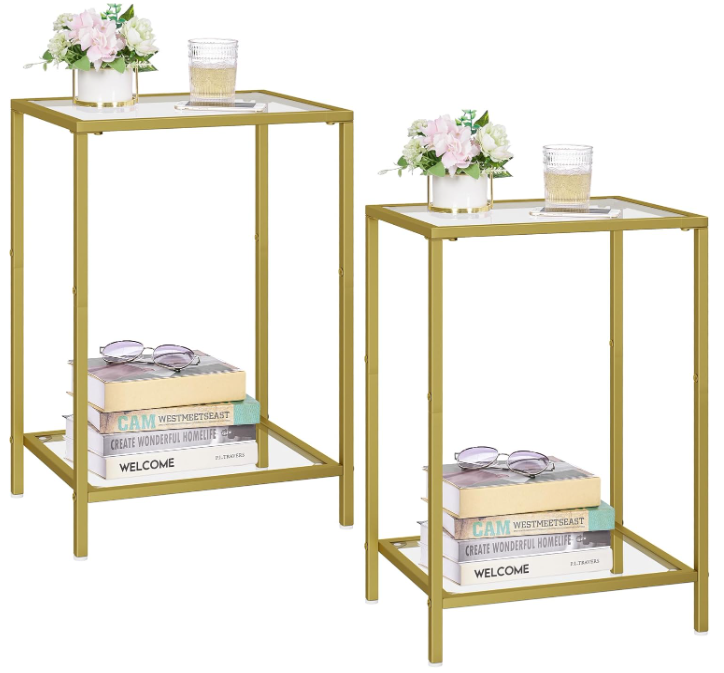 Side Tables Set of 2, End Tables with Tempered Glass, 2-Tier Nightstands, Golden