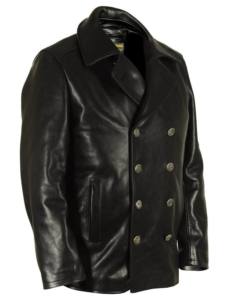 Men's Classic Black Genuine Leather Military Peacoat Jacket with Royal Buttons