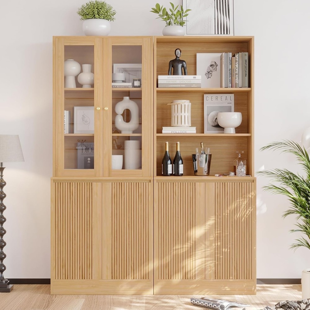 71 Inch Modern Freestanding Wood Bookcase with 2 Tempered Glass Doors for Tall Storage