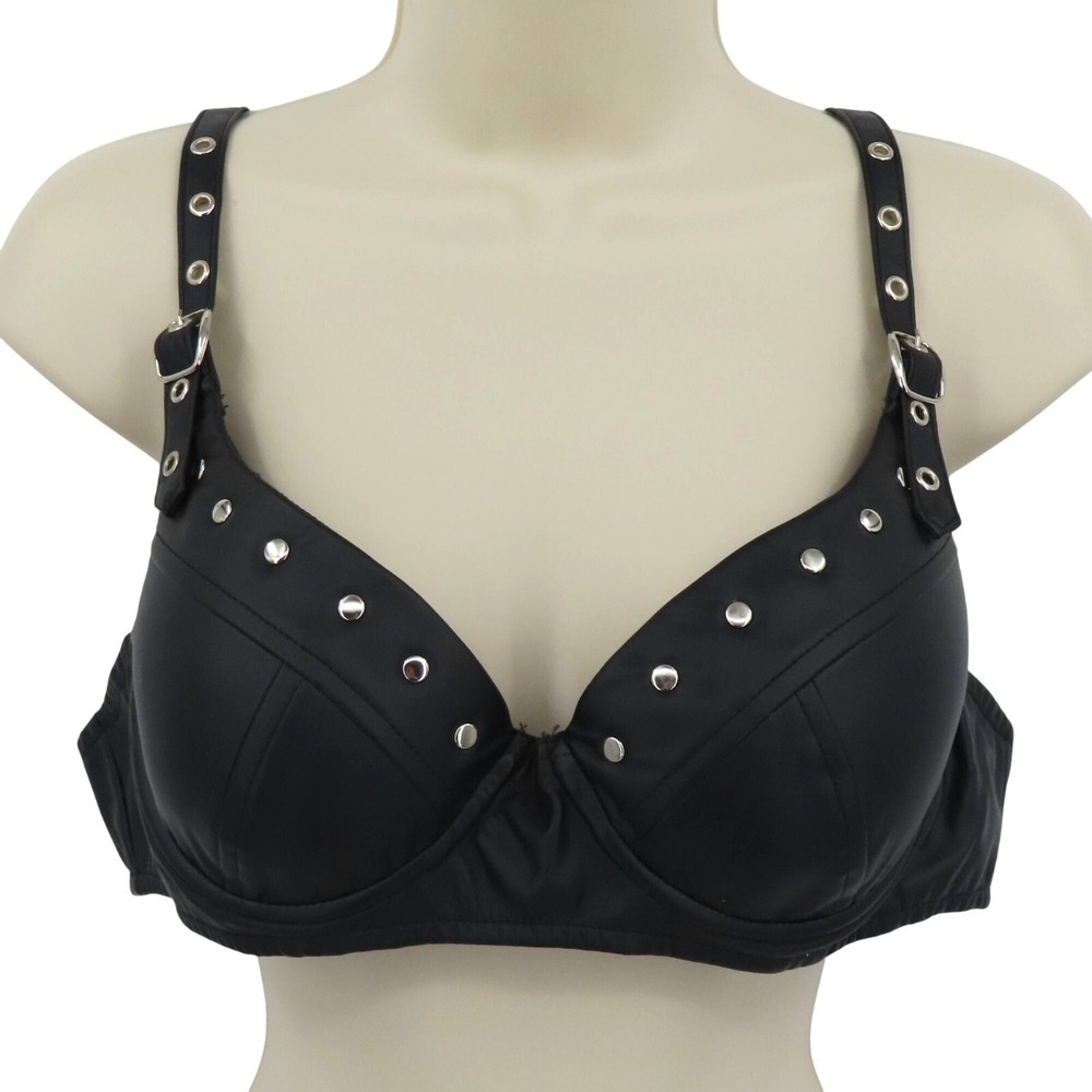 Oh Yes Women Large Bra Silver Studded Black Faux Leather Underwire Padded Biker