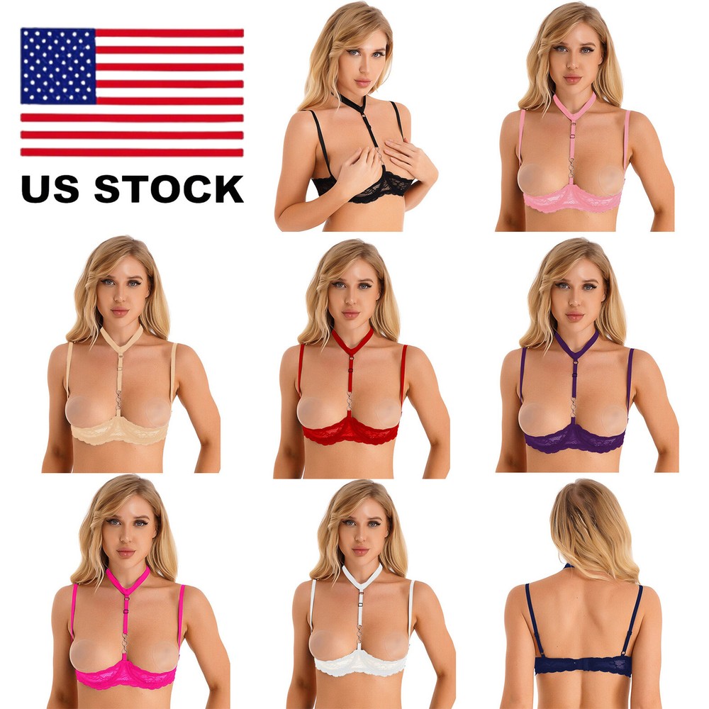 Womens Lace Bra Halter 1/4 Cups Open Front Push UP Erotic Lingerie Nightwear
