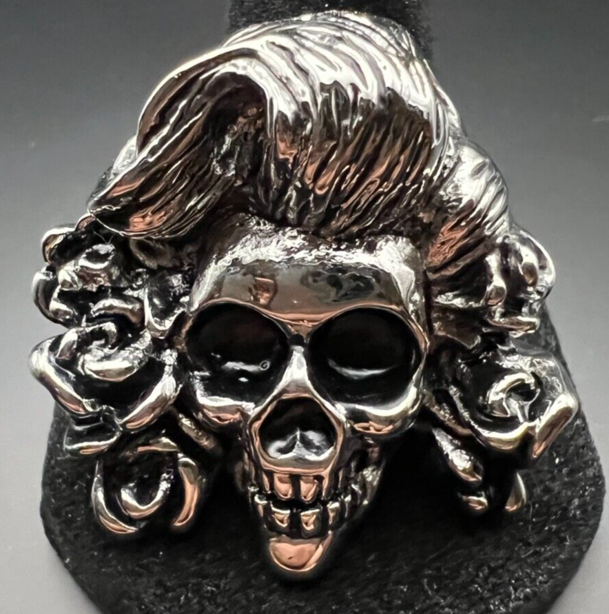 Vintage Antique Silver Tone VERY HEAVY Biker Skull Ring - Size 10