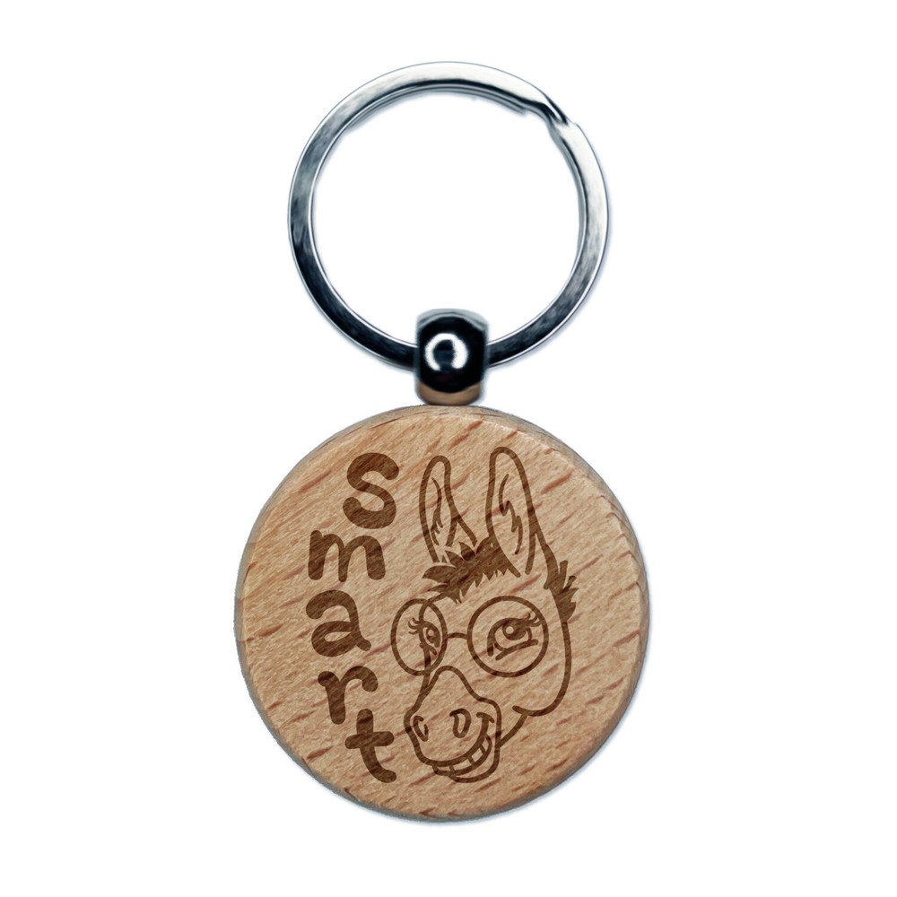 Smiling Smart Donkey with Glasses Engraved Wood Round Keychain Tag Charm