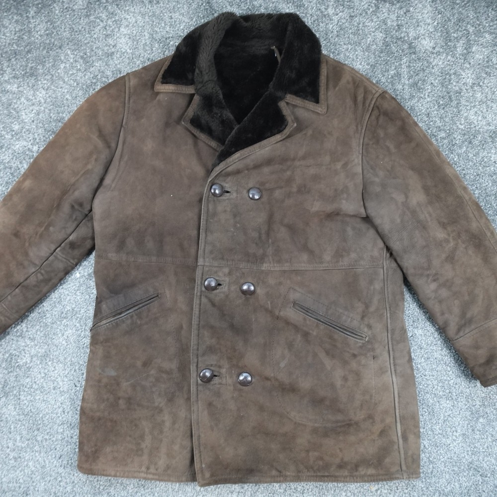 St Michael Sheepskin Brown Size 43 - 44 Leather Sherpa Winter Double Breasted