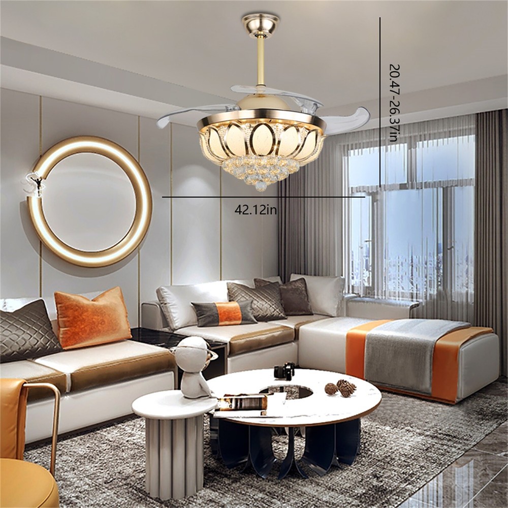 42-Inch Crystal LED Chandelier Ceiling Fan with Remote Control and Hidden Blades