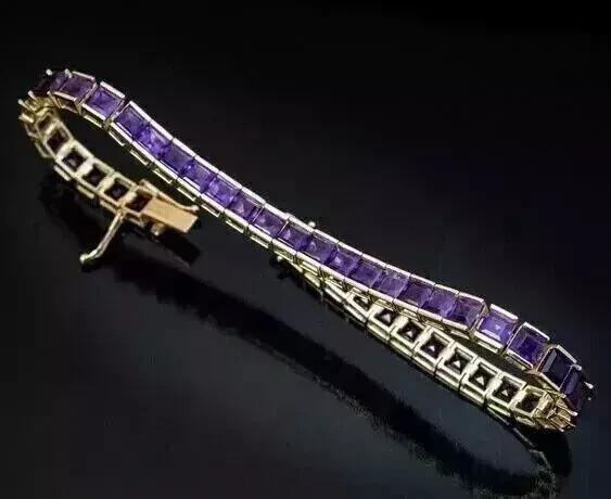12Ct Princess Lab Created Purple Amethyst Tennis Bracelet 14K Yellow Gold Plated