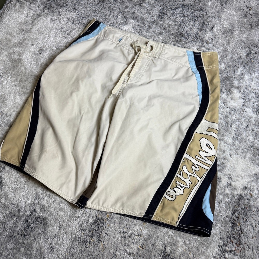 Quiksilver Mens Board Shorts Size 34 Cream Tan Brown Colorblock Swim Trunks Logo