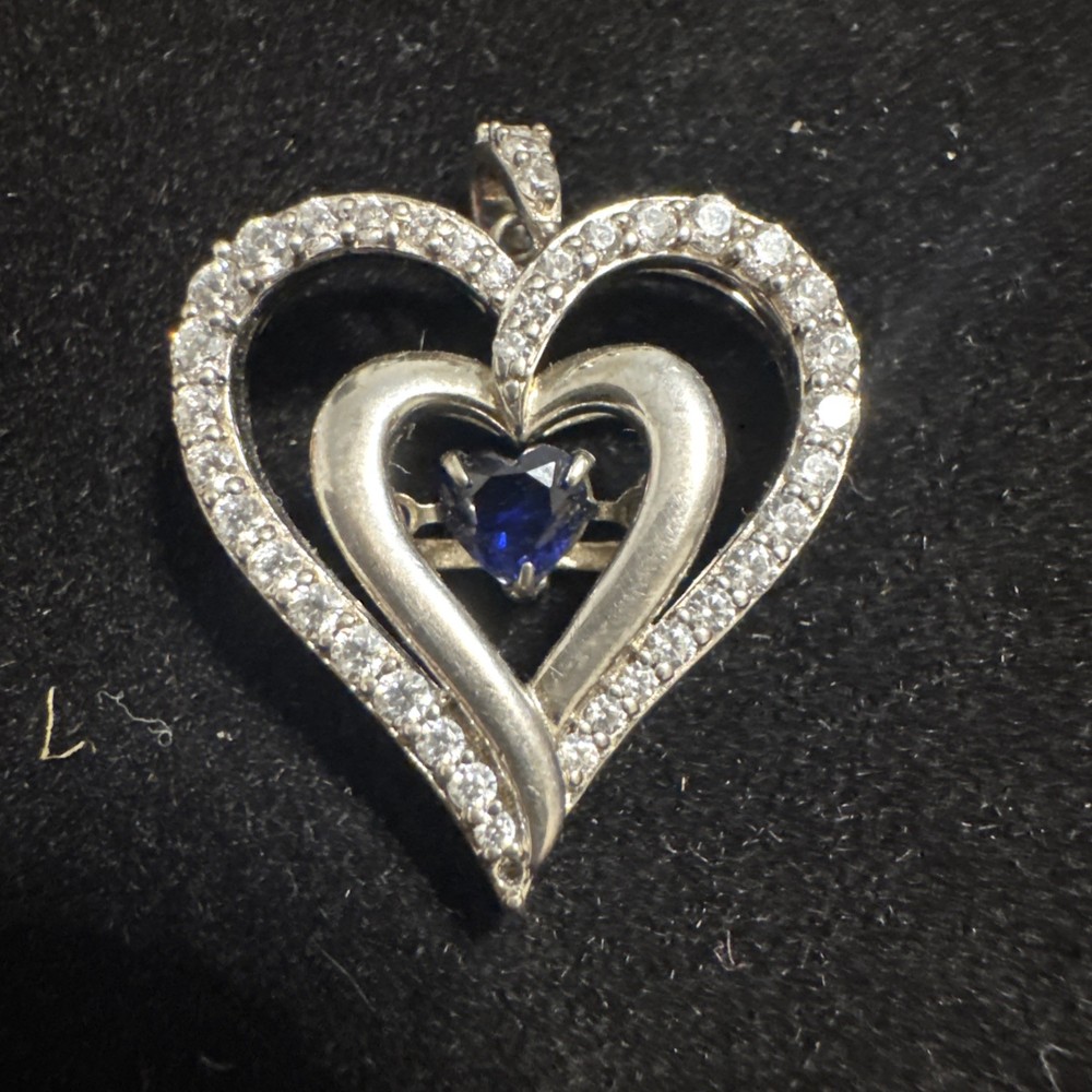 925 Sterling Silver Double Heart Pendant With Floating Lab Created Blue Stone