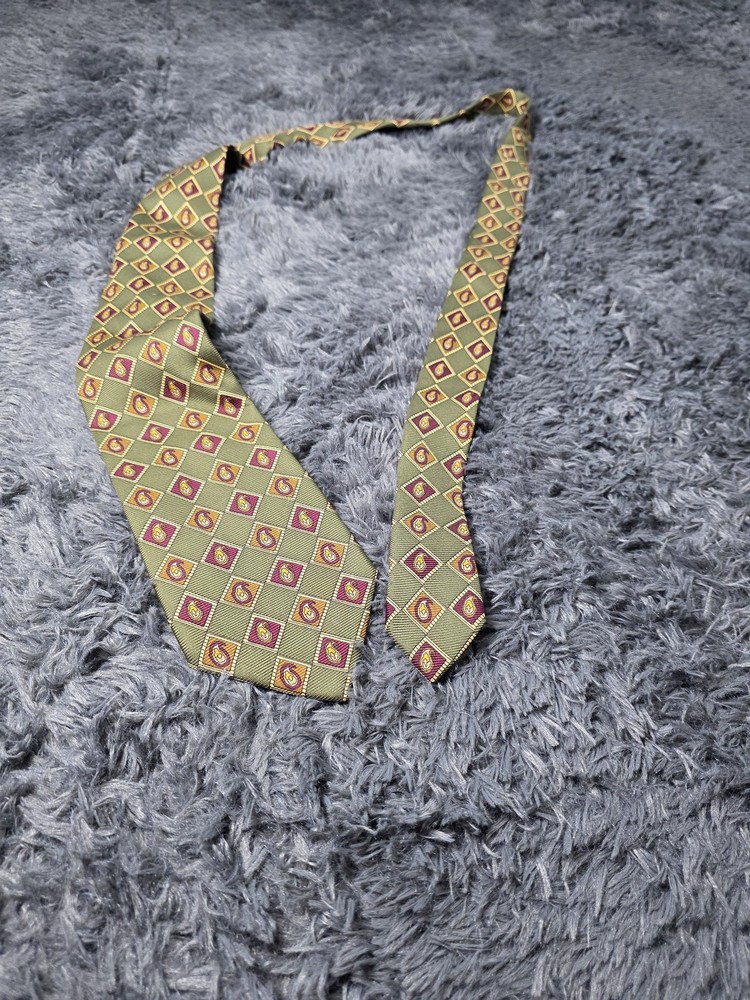 Coach Tie Mens Green Silk Paisley Geometric Necktie Italian Made Luxury Workwear