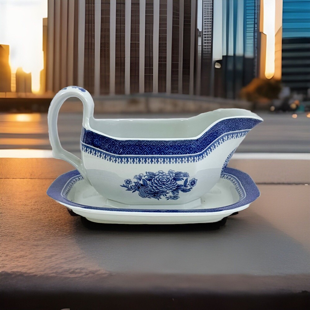 Vintage Copeland Spode Fitzhugh Blue Gravy Boat w/ Attached Under Plate 4.5