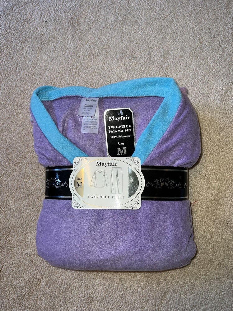 LS V-Neck Fleece Top & Lounge Pants Set - Mayfair Lilac Plaid Medium NWT