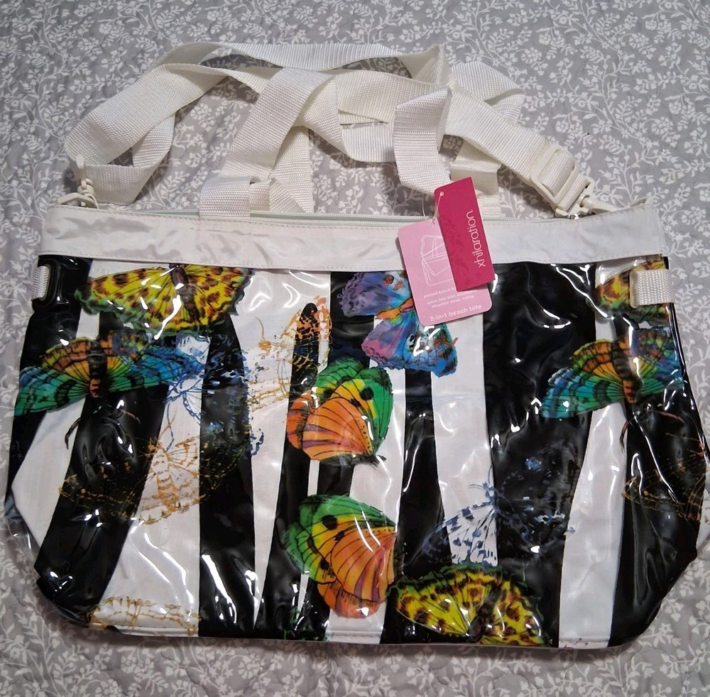 NWT Xhilaration 2-in-1 Beach Tote Bag with Butterfly & Black Stripes Design