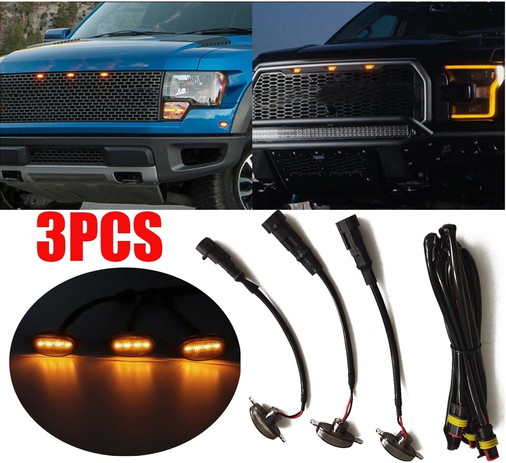 3X Universal Led Amber Front Grille Lighting Lights For Ford Truck Raptor Style