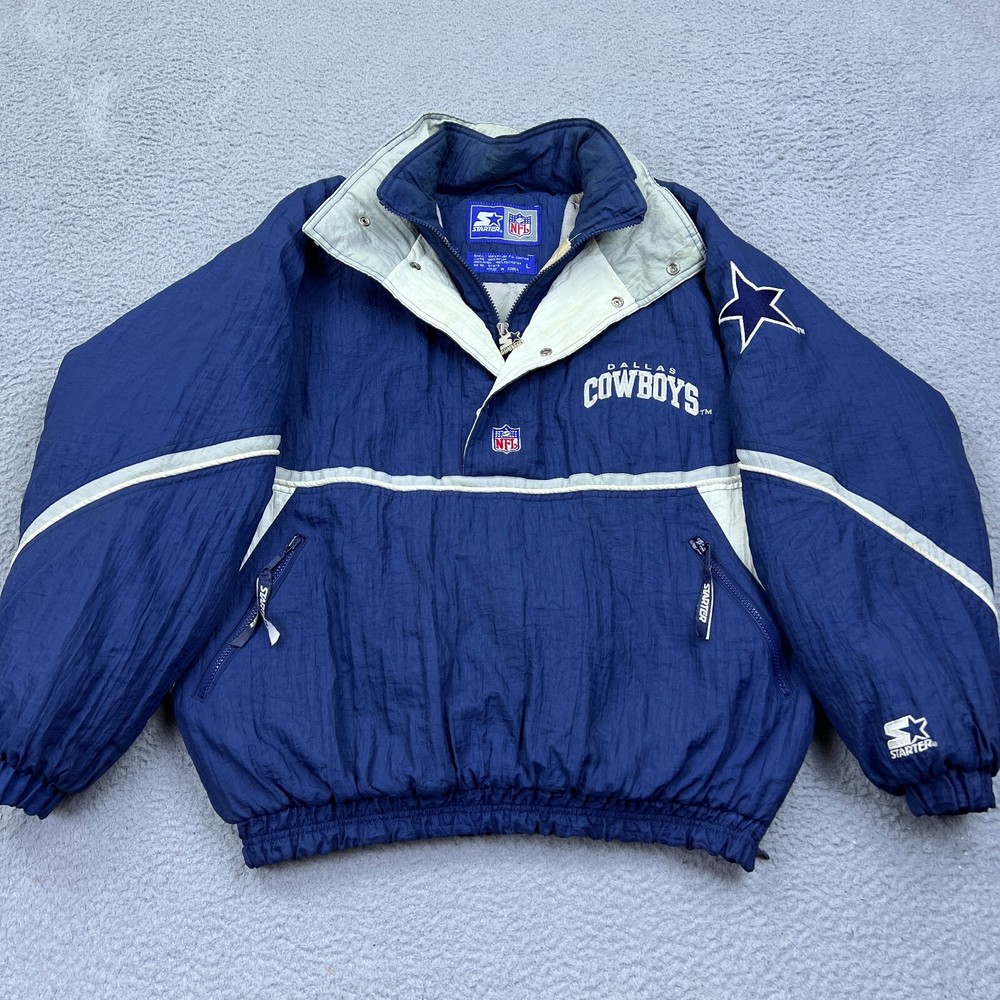 VTG 90s Dallas Cowboys NFL Starter Jacket Mens 1/2 Zip Pullover with Stow Hood