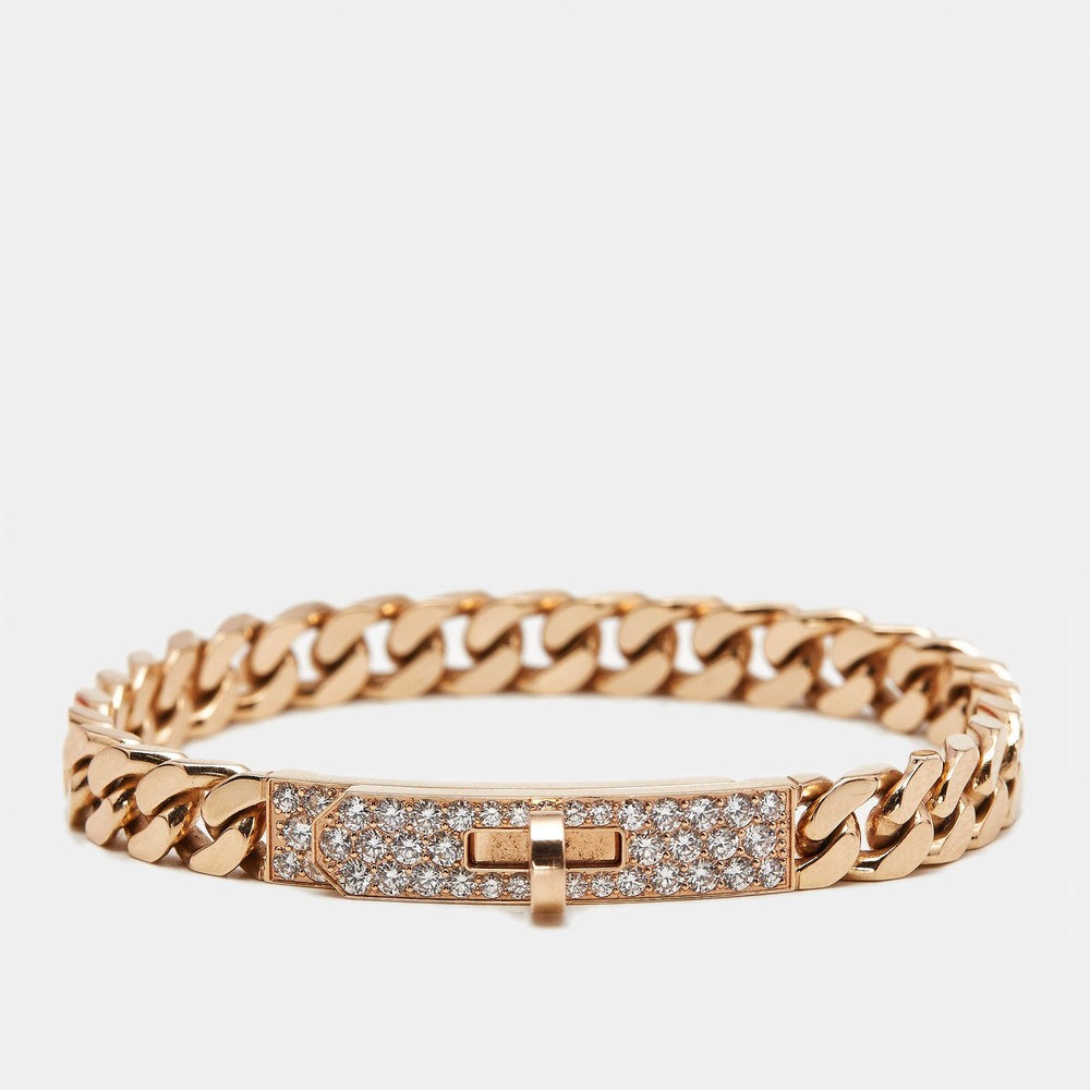 Hermes Kelly Gourmette Link Diamonds 18k Rose Gold Bracelet