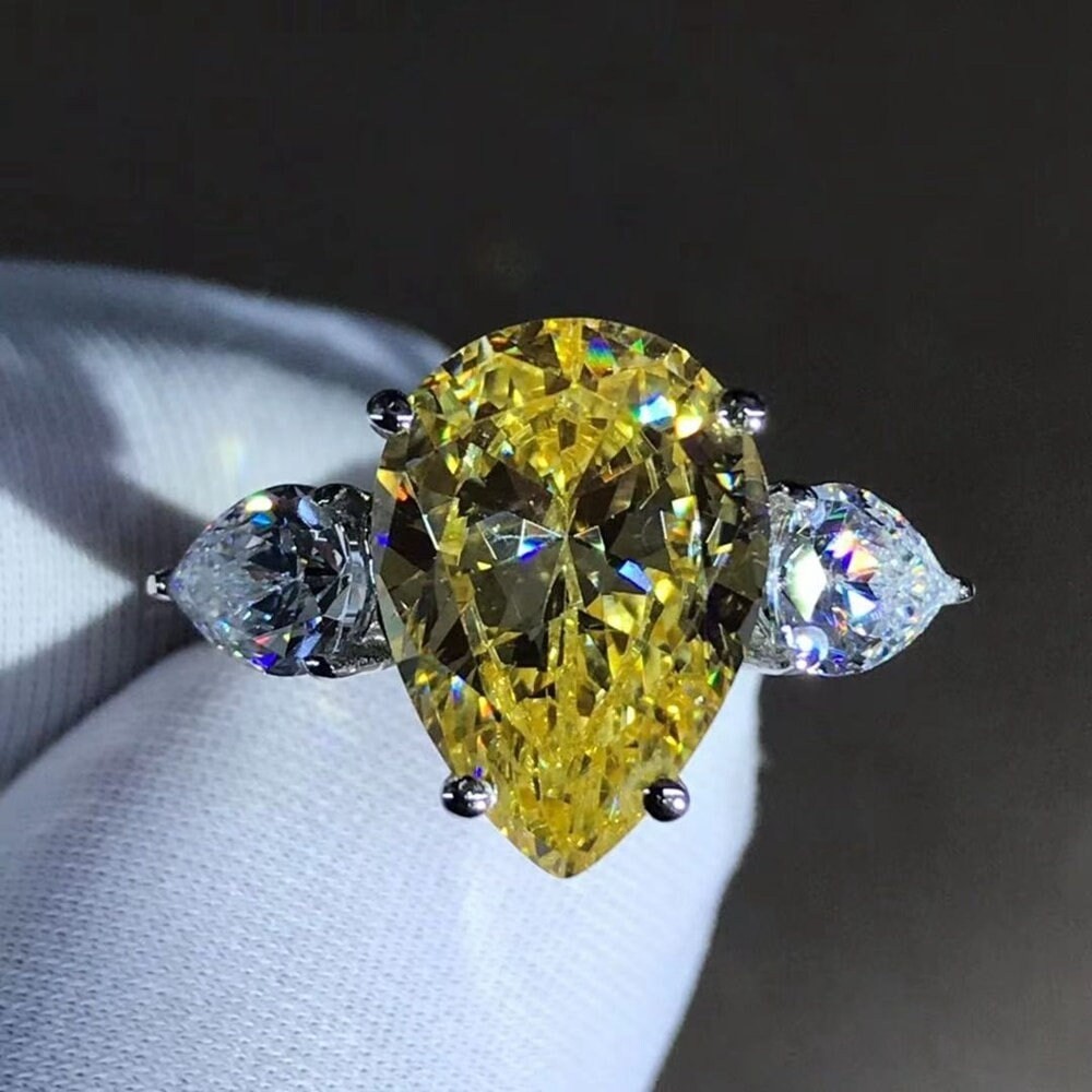 6 Carat Canary Pear Cut Vivid Yellow VVS Three Stone 14K Gold Moissanite Ring