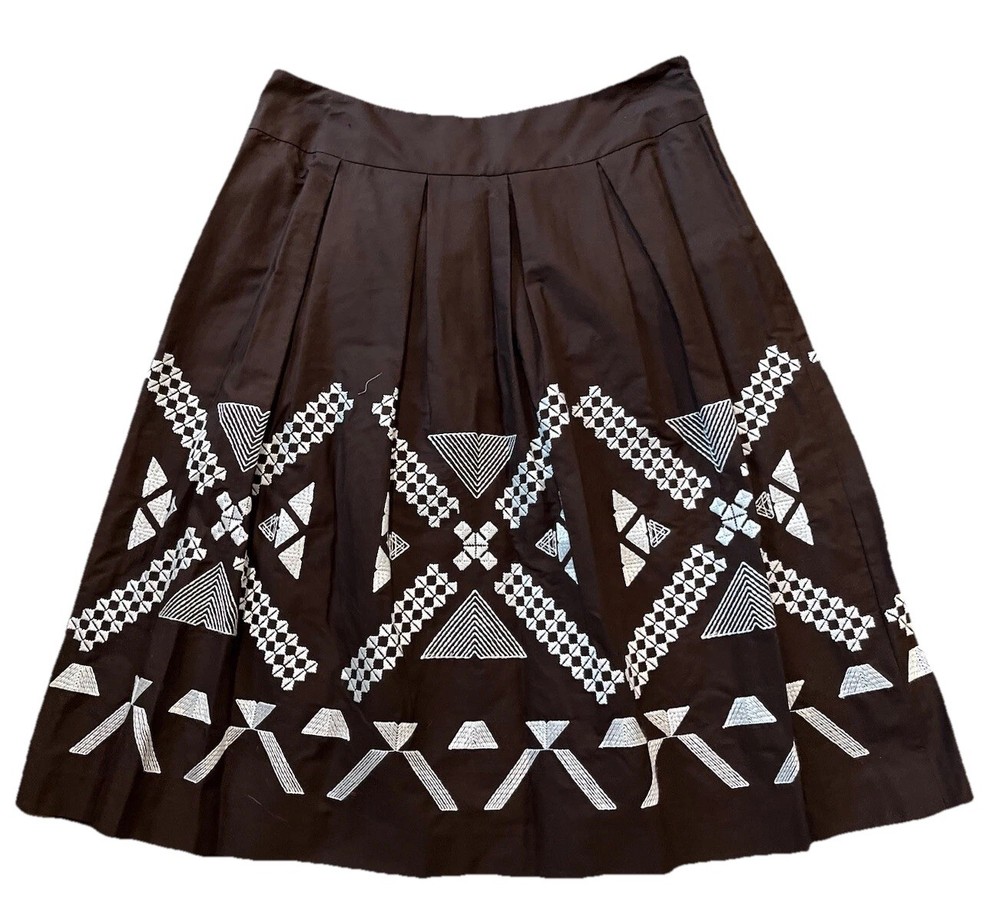 peck and peck Women 4 Brown Cotton Embroidered A Line Knee Length Skirt OO