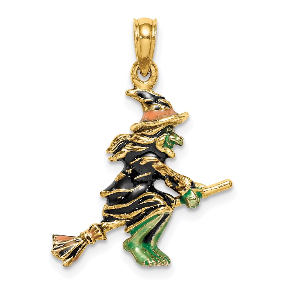 14K Yellow Gold 3-D Enameled Witch Flying on Broom Charm Pendant L-25.7 mm