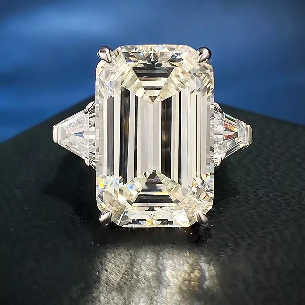 RARE 16.50 Ct Emerald Cut Off White Treated Diamond 925 Silver Ring Great Shine