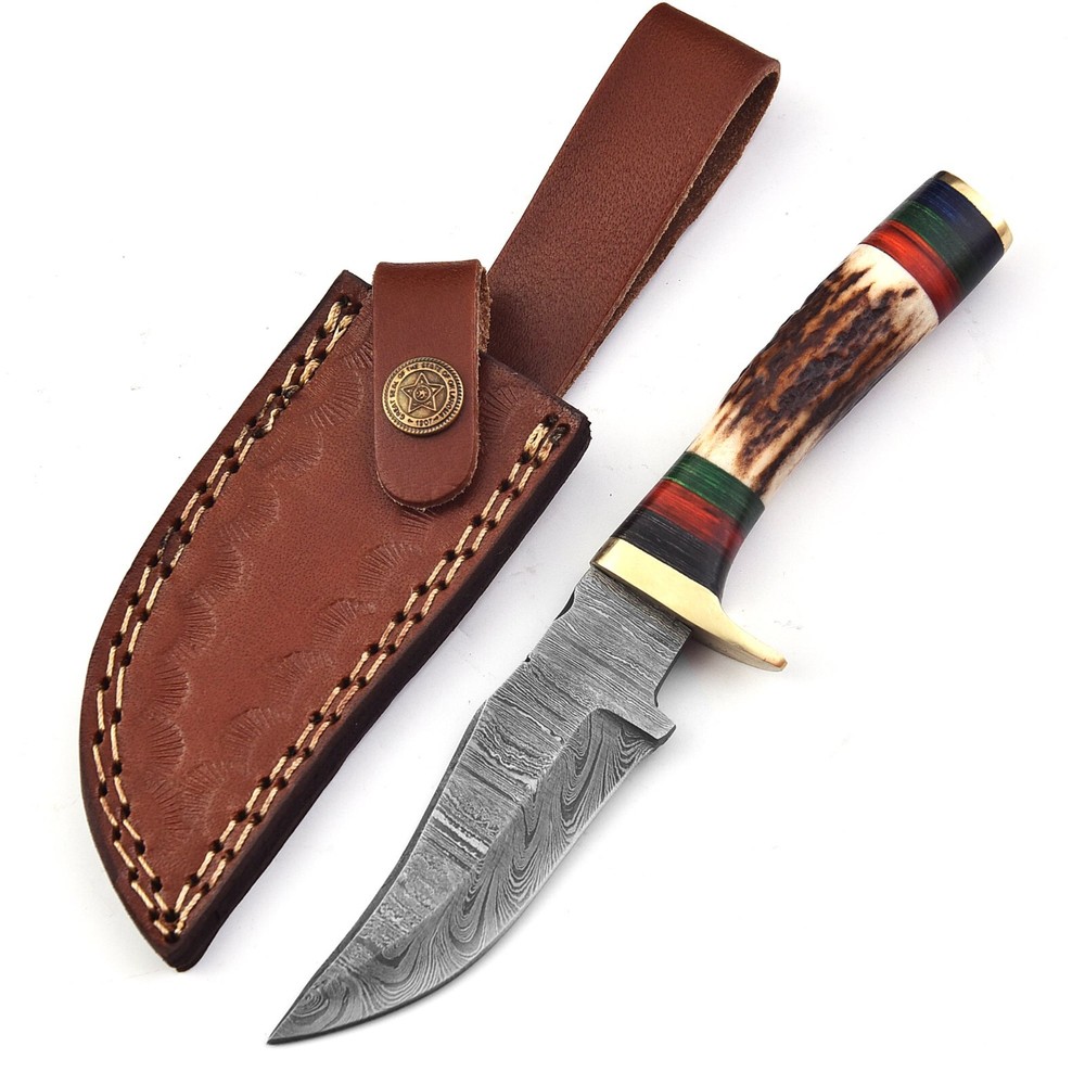 Custom Stag Horn HANDMADE DAMASCUS Steel Hunting KNIFE Skinner With Brass Guard