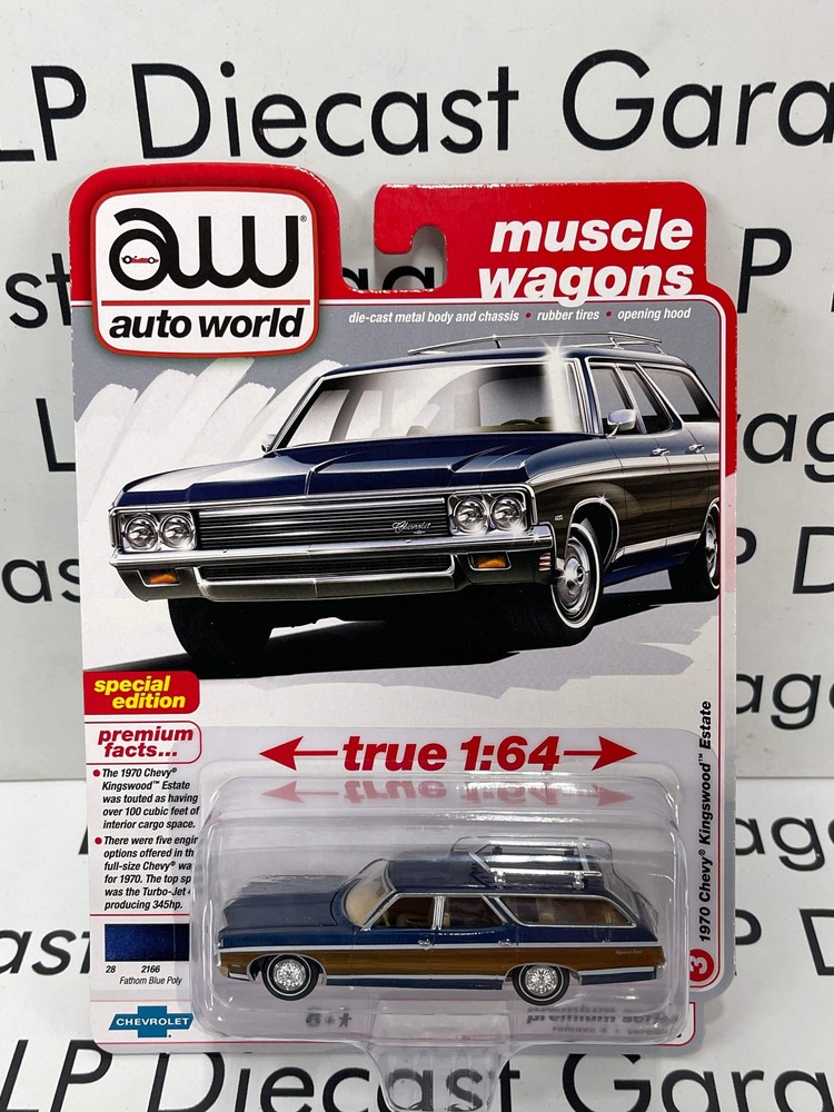 AUTO WORLD 1970 Chevy Kingswood Estate Fatham Blue Poly 1:64 Diecast Muscle Wago