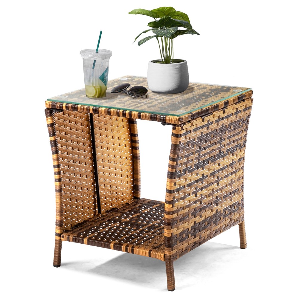 Side Table 18in, Wicker Rattan with Glass for Patio In/Outdoor Garden Furniture