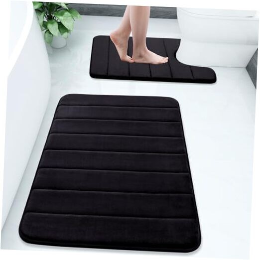 2-Piece Black Memory Foam Bath Mat Set 30x20 + 24x20 Inches