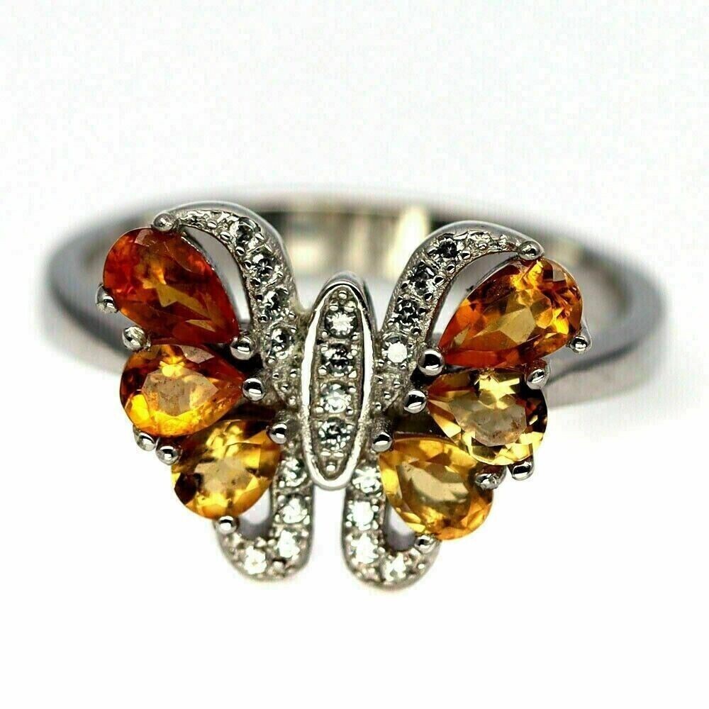 Silver Ring with Genuine Yellow Citrine Gemstone in Sterling Butterfly Design US 7.75