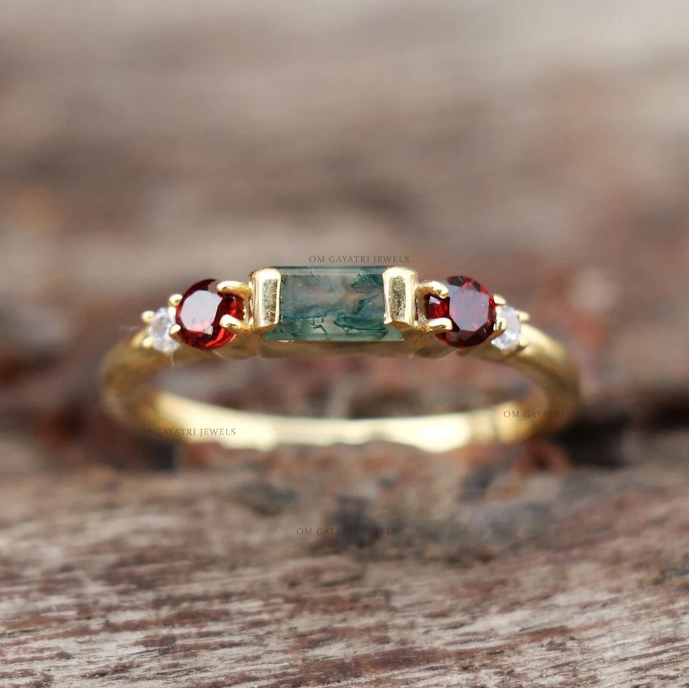 Moss Agate Garnet Ring in 925 Sterling Silver Gold Vermeil Engagement Gift
