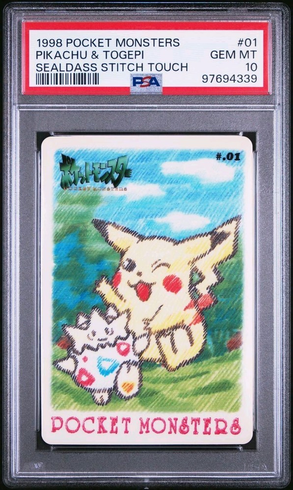 PSA 10 GEM MINT 1998 Bandai Pokémon Stitch Pikachu & Togepi #01 Sealdass POP 10