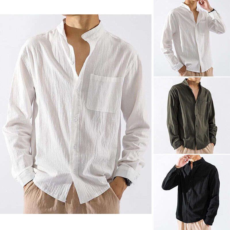 Linen Shirt Men's Stand Collar Long Sleeve Chinese-style Cotton Loose Casual Top