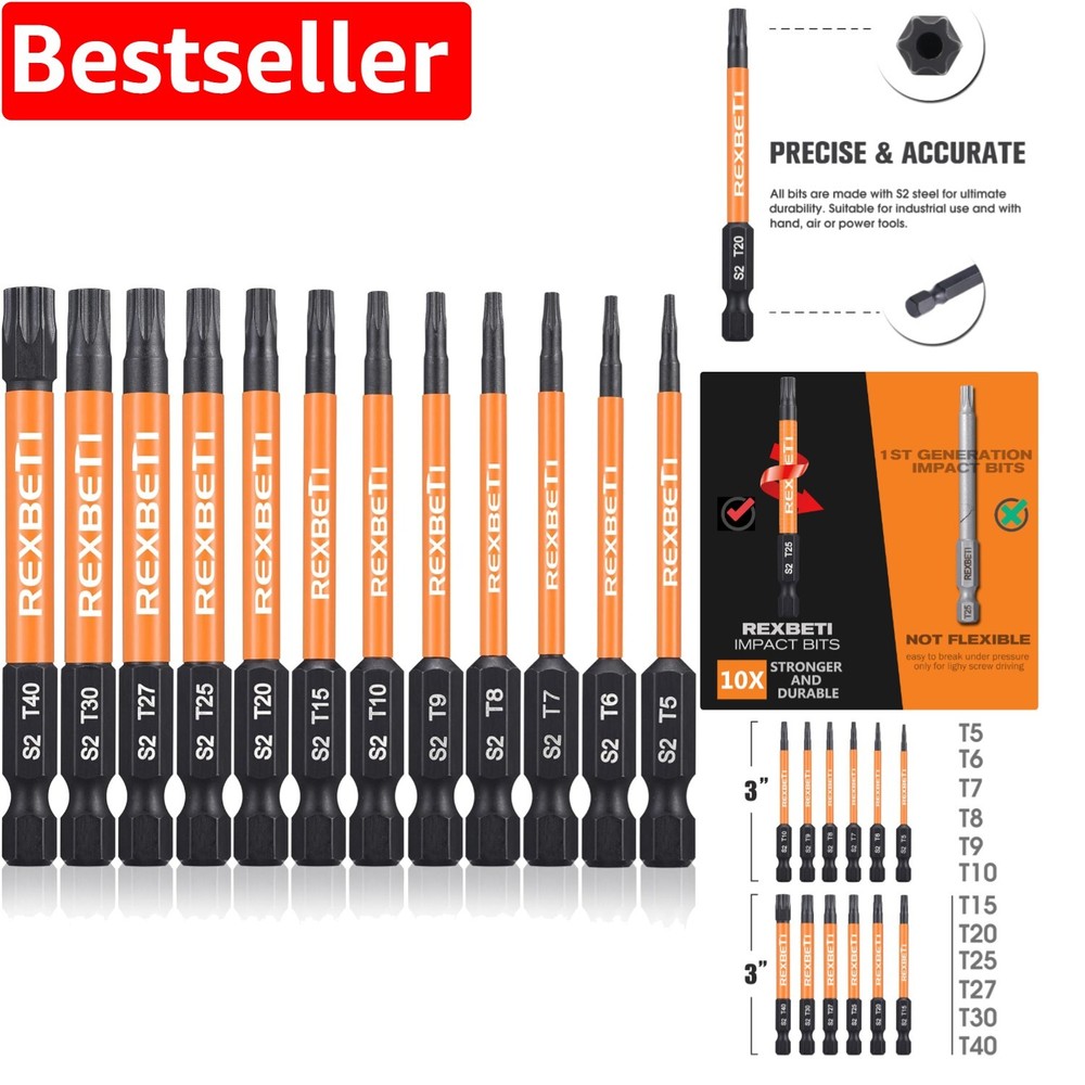 Durable S2 Steel 12-Piece Torx Driver Bit Set T5 to T40 with Magnetic Tips